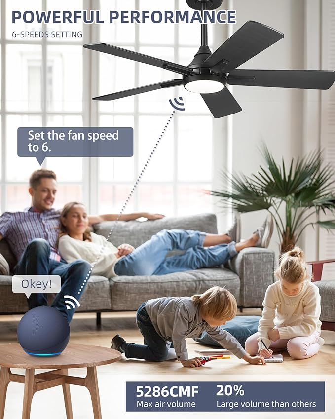 YOUKAIN Ceiling Fans with Lights, 42 Inch Black Ceiling Fans, Smart Ceiling Fan Works with Voice Control & Remote Control, Reversible Blades, Modern Led Ceiling Fan for Bedroom, 42-YJ812-BK
