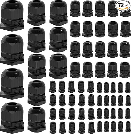 Joinfworld 72pcs Cable Glands Kit Waterproof Strain Relief Cord Connector Grip Weatherproof Cable Pass Through PG7 1/4" 1/2" 3/4" 1" NPT Wire Grommet