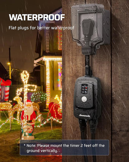 DEWENWILS Light Sensor Timer Waterproof, Plug in Timer Switch, 100 ft Range Remote Control with 2 Grounded Electrical Outlets for Christmas Outdoor String Lights, 15A 1/2HP UL Listed