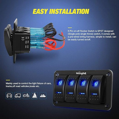 Nilight - 90109D 4 Gang Aluminum Rocker Switch Panel Toggle Dash 5 Pin ON/Off Pre-Wired Rocker Switch Blue Backlit Switch for Automotive Car Marine Boat RV,2 Years Warranty