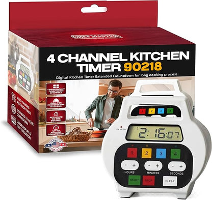 Chef Master 4-Channel Digital Kitchen Timer – Timer for Cooking, Baking & Grilling – LED Display Clock with Independent Countdown Functions for Food Preparation, Roasting, & Tracking - 90218