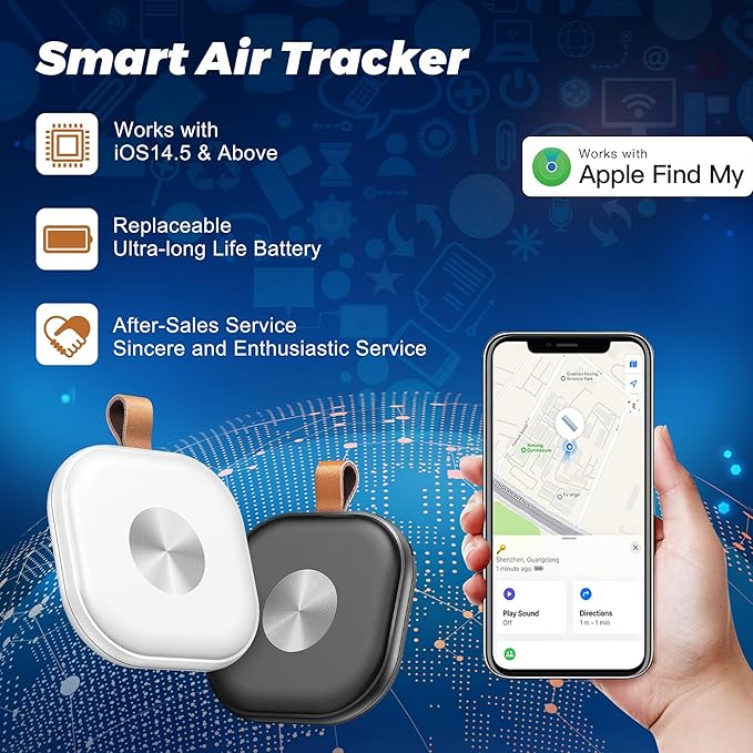 Air Tracker 4 Pack, Luggage Tracker Works with Find My App (iOS Only), Key Finder Locator with Sound for Keys, Luggage, Suitcases and Wallet, Smart Tags with Replaceable Battery, Black & White