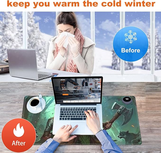 Small Heated Desk Pad 23.6" x 14.2" – Compact Electric Mouse Pad with 3 Heating Levels, Auto Shut-Off, Waterproof PU Surface, Plug-in Warmer for Office or Home Use, Wild Hunter