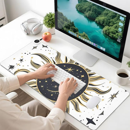 Heated Desk Pad Mouse Pad 31.5x13 Inch PU Leather Desk Mat with 3 Heat Levels Large Mouse Gaming Computer Laptop Mat Vintage Constellation Sun and Star 01