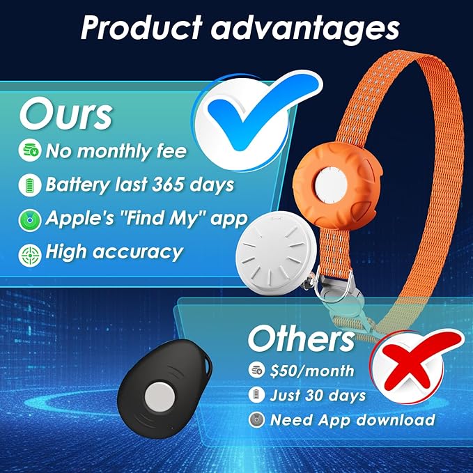 Pet Tracker for Cats, Cat Tracker Collar with Safety Elastic Buckle, Works with Any Collar,Compatible with Apple Find My App (Only iOS), No Monthly Fee, Orange