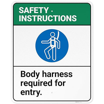 Safety Instructions Body Harness Required for Entry Sign, 24x30 Inches, 3M EGP Reflective .080 Aluminum, Fade Resistant, Made in USA by Sigo Signs