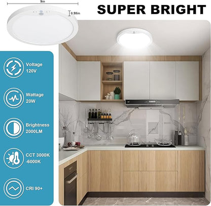 9Inch Motion Sensor Ceiling Light Hard-Wired, 20W Indoor Flush Mount LED Ceiling Light, 3000K 4000K 6000K 3CCT Adjustable for Closet Doorway Stairway Hallway, NOT Battery Operated