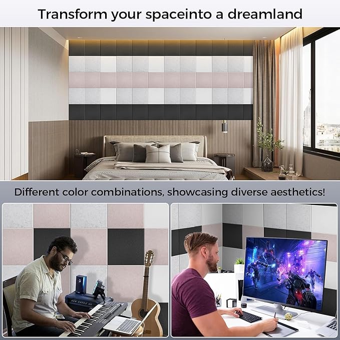 10 pcs 165dtex Microfiber Acoustic Panels ，Self-Adhesive Soundproof Wall Panels, 12 x 12 x 0.4 in Sound Proof Foam Panels for Walls, High Density, Noise Dampening Panels for Home Studio（Black）