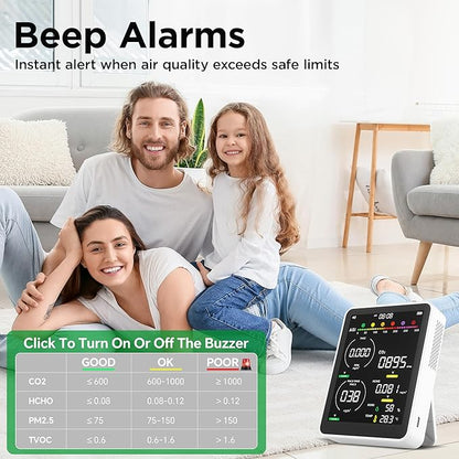 Air Quality Monitor Indoor,13-in-1 Smart Air Quality Tester with PM 2.5, CO2, TVOC, HCHO, PM1, AQI, PM10, Temperature & Humidity, Real Time Display, Battery Powered, for Home & Office (Ice White)
