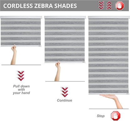 Shadesu Cordless Zebra Blinds for Windows, 38.5" W x 72" H, Grey, Dual Layer Free-Stop Zebra Shades, Light Control for Day and Night, Sheer Blinds for Indoor Windows, Bedroom, Kitchen