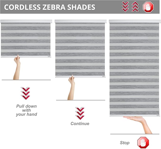 Shadesu Cordless Zebra Blinds for Windows, 53" W x 72" H, Grey, Dual Layer Free-Stop Zebra Shades, Light Control for Day and Night, Sheer Blinds for Indoor Windows, Bedroom, Kitchen