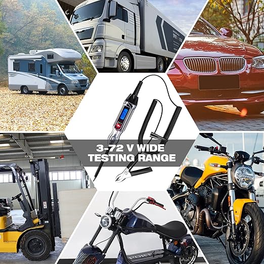 Heavy Duty 3-72V Backlit Digital LCD Circuit Tester, Automotive Test Light with 140 Inch Extended Wire and 2 Polarity Indicate LED Lights, Car Truck Low DC Voltage & Light Tester with Stainless Probe