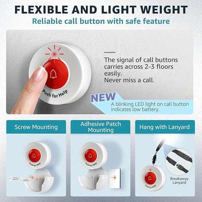 Caregiver Pager Wireless Call Buttons Motion Sensor Alarm Indoor for Elderly Monitoring Fall Prevention Bed Alarm Alert System Portable Nurse Call for Seniors Dementia Patients Emergency