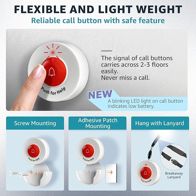 Caregiver Pager Wireless Call Buttons for Elderly at Home for Seniors Adults Patients Nurse Call Light System Alert Button Alarm Emergency with Review Feature