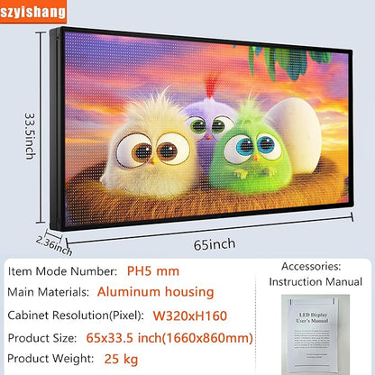 P5 Outdoor Waterproof 65"x34" Programmable LED Sign Board - Full Color Scrolling Display with High-Resolution Text/Image/Video for Business Advertising