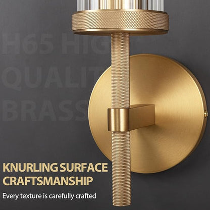 15" Knurled Brass Wall Sconce with Vertical Striped Glass Tube, Gold Bathroom Vanity Light Fixtures, Modern Lamp Lighting for Bedroom, Living Room, Hallway, Staircase, Mirror, Kitchen