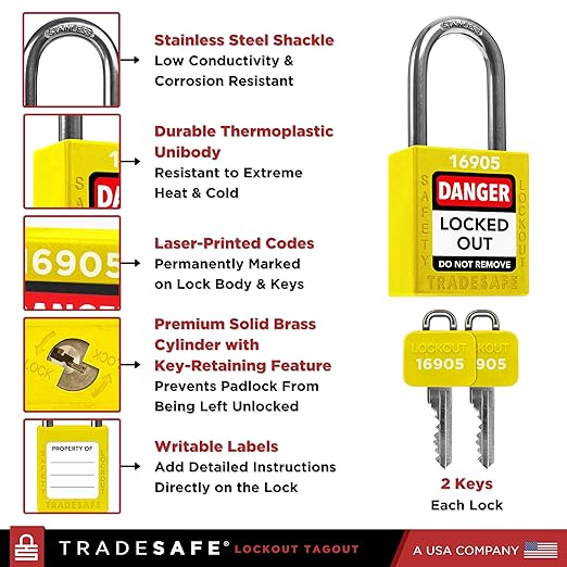 TRADESAFE Lockout Tagout Locks Set - 10 Yellow Loto Locks, Lockout Locks Keyed Different, 2 Keys Per Lock, OSHA Compliant Lock Out Tag Out Padlocks, Safety Padlocks for Electrical Lockout Tag Out Kits