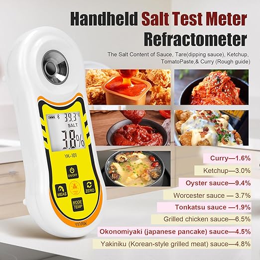 Smart Refractometer Brix Salt Meter, Brix Refractometer & Salinity Tester with ATC, Hand-Held Salinity Meter 0-24% for Food,sauces and Aquarium, Brix Sugar Refractometer 0-60% for Fruit,Drinks,Coffee