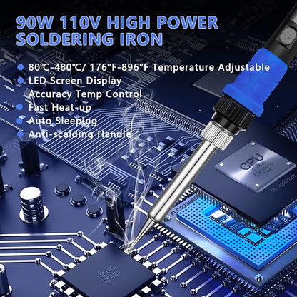 Soldering Iron Kit, 90W LED Digital Solder Iron Kit with Ceramic Heater, 110V Welding Tools with Smart Temperature Control, Auto Sleep, Temp Calibration, C/F, Accurate 176℉-896℉