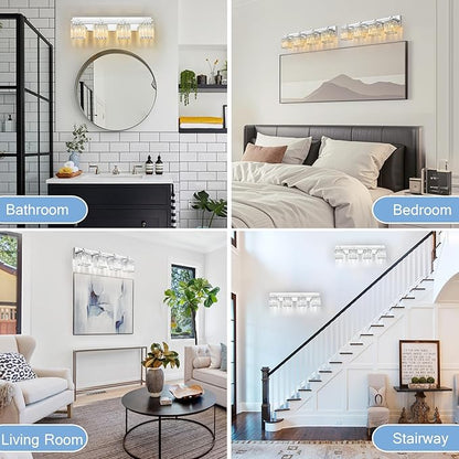 Crystal Bathroom Light Fixtures, 4 Light Chrome Vanity Lighting Over Mirror with Crystal Shades, Modern Bathroom Vanity Light for Restroom, Bath, Cabinet and Powder Room