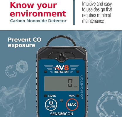 AV8 Inspector Portable Carbon Monoxide Detectors for Aviation – Professional-Grade Digital Carbon Monoxide Monitor with Visual and Audio Alarms