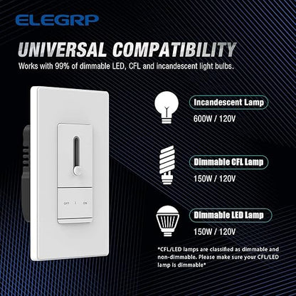 ELEGRP Slide Dimmer Switch for Dimmable LED, CFL and Incandescent Light Lamp Bulbs, Single Pole or 3-Way, Full Control with Preset, Rocker Paddle, Wall Plate Included, UL Listed (6 Pack, Matte White)