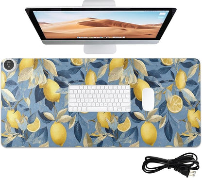 Heated Desk Pad Mouse Pad 31.5x13 Inch PU Leather Desk Mat with 3 Heat Levels Large Mouse Gaming Computer Laptop Mat Blue Lemon Leaves