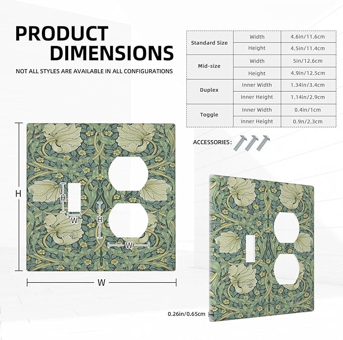 Wallplates Vintage Floral Plant Sage Green William Morris 1 Toggle 1 Duplex Switch Plate Electrical GFCI Faceplate Decorative Light Switch Covers for Bedroom Home Decor