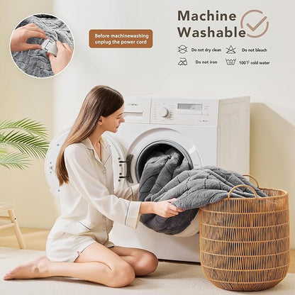 Heated Electric Blanket- Electric Throw Blanket 100"x90" for Bed- Heated Blanket with 5 Heating Levels& 4 Hours Auto Off for Home Office - Soft Faux Fur Heating Blanket for Full Body(Grey)