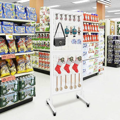 Royxen Metal Pegboard with 30 Hooks and Wheels,2 x 5.5 Feet Pegboard Display Rack, Standing Pegboard Display for Home and Store, White