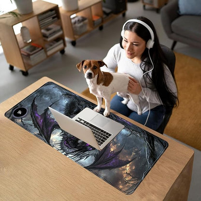 Heated Mouse Pad with 3 Temperature Settings(104°F–122°F),Large 31.5x13 Inch PU Leather Heated Desk Mat,Waterproof Warming Pad for Office,Gaming & Cold Hands Relief,Dark Dragon Fantasy