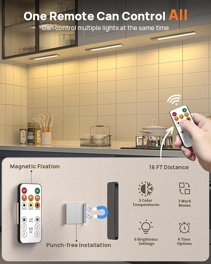 16in Under Cabinet Lighting Wireless, 160 LED Motion Sensor Light Indoor, Rechargeable Closet Lights with Remote Control, 3 Color Temps Under Counter Lights for Kitchen, Pantry, Stair, 5 Pack