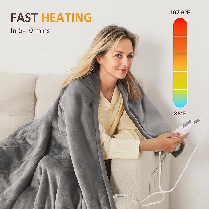 SUNVIVI Heated Blanket King Size, Electric Throw Dual Control, 5 Years Warranty, 10 Heat Settings, 12 Hours Auto Off, Soft Flannel and Sherpa, Machine Washable, ETL Certified, Grey, 100x90 Inch