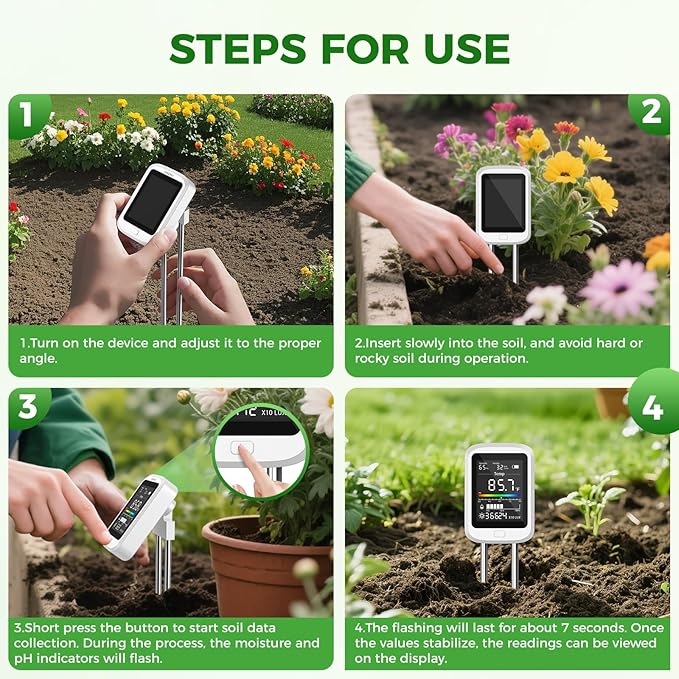 6-in-1 Soil Test Kit for Gardening Deals, Digital pH Meter/Temperature/Sunlight/Fertility/Environmental| Factory-Permanent Calibration