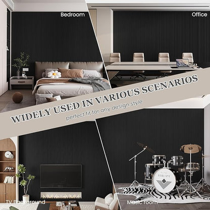Wood Salt Acoustic Wall Panels, 4 Piece 94" x 12.6" x 0.8" Soundproof Wooden Wall Panels, 3D Fluted Sound Absorbing Panel, Matte Black