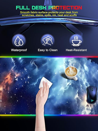 TopMade Wireless Charging Mouse Pad, RGB Gaming Mousepad, 35.4" x 15.8" Extra Large Waterproof Keyboard Desk Pad, Computer Desk Mat, Blue Nebula (Includes 20W PD Power Adapter & 6.56ft Woven Cable)