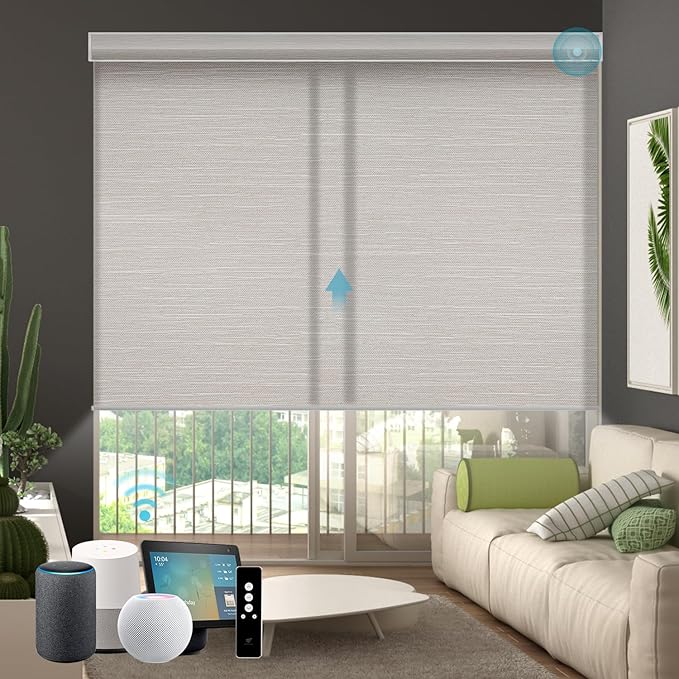 SmartWings Motorized Blind Light Filtering Shade Work with Z-Wave Alexa Thread Homekit, 70% Blackout Smart Window Blinds Translucent, Cordless with Remote Control, Max 110"W x 148"H, Essential Cream