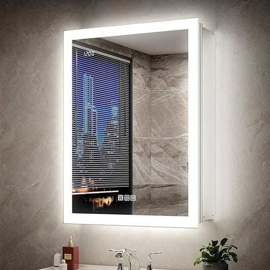 20x26 LED Medicine Cabinet Mirror with Double Lights-Front & Backlit, 155°Soft-close Hinge, Surface or Recessed Dimmable Lighted Medicine Cabinet Mirror with Clock Outlet Inner Light,Anti-fog