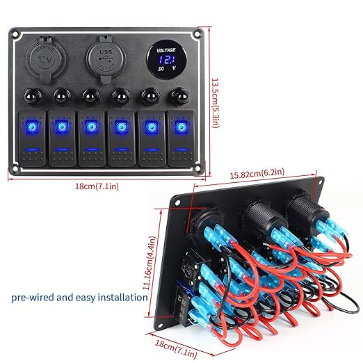 Marine Boat Rocker Switch Panel,Waterproof 6 Gang Multi-Function Toggle Light Switch Panel with Dual USB and Voltmeter Panel for RVs, Cars, Boats, Trucks,Trailers - 12-24V Blue
