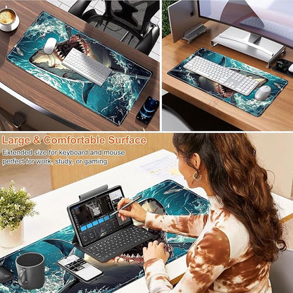 Heated Mouse Pad for Desk 31.5" x 13" – PU Leather Warm Desk Pad with 3 Heat Levels (104°F/113°F/122°F), Plug-in Electric Heating Mat with Auto Shut-Off, Waterproof & Rollable, Angry Shark