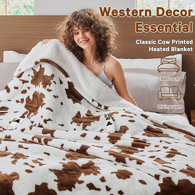 Cow Print Heated Electric Blanket Full Size,72X84 Brown Heating Blanket with 10 Heats Levels & 8 Hours Auto Off,Highland Cow Decor Fleece Sherpa Blankets Warmer Gifts for Women Adults,Washable