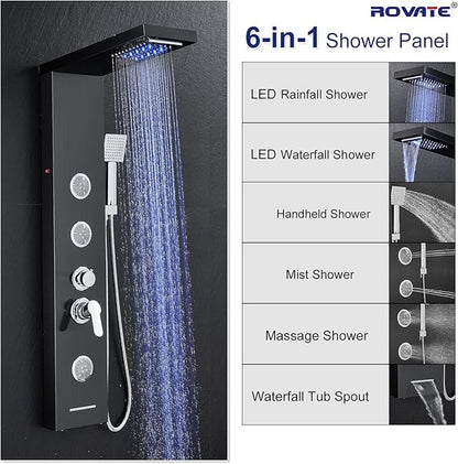 ROVATE LED Shower Panel Tower System with Rainfall Waterfall Shower, Black Shower Tower with Jets and Rainfall and Handheld, 5 in 1 Stainless Steel Shower Column High Pressure with Tub Spout