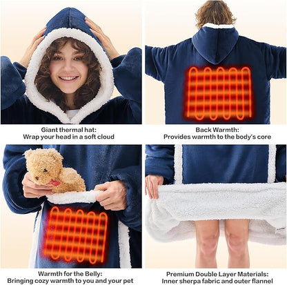 JOYWOO Wearable Heated Blanket Hoodie,Oversized Cordless Portable Heating Hooded Blanket Cat Lovers,Christmas Gifts for Women,Men,Cozy Sherpa Sweatshirt Electric Blankets Throw for Adult Outdoor,Navy