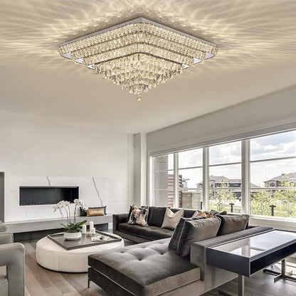 Elegant LED Crystal Raindrop Ceiling Light, 30 Inch Square Flush Mount Chandelier with Remote for Living Room Kitchen Island Bedroom Hallway Entryway Foyer (Dimmable)