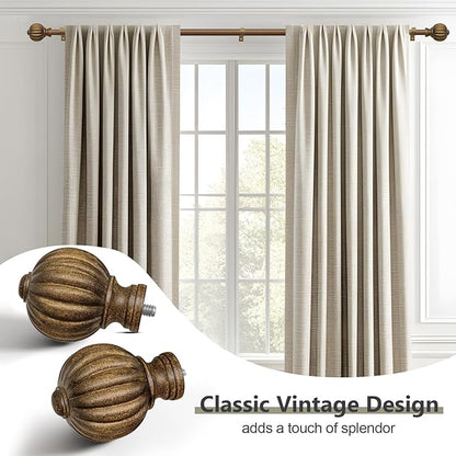 Antiqued Bronze Curtain Rods for Windows 72 to 144 Inch, 1'' Adjustable Heavy Duty Curtain Rod，Vintage Decorative Drapery Rods with Pumpkin Finials for Bedroom Living Room