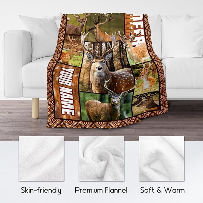 Personalized Blankets for Adults, Custom Deer Blanket Gifts for Men Boys, 60"x80" Forest Western Throw Gift for Hunters - Soft, Fuzzy & Cozy Deer Throws Farmhouse Decor