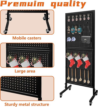 Royxen 2 x 5.5 Feet Pegboard with 30 Hooks, Pegboard Display with Wheels, Standing Pegboard Display, Metal (Black)
