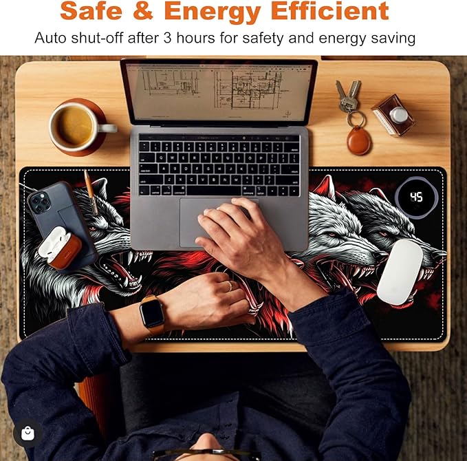 Heated Mouse Pad for Desk 31.5" x 13" – PU Leather Warm Desk Pad with 3 Heat Levels (104°F/113°F/122°F), Plug-in Electric Heating Mat with Auto Shut-Off, Waterproof & Rollable, Four Wolves