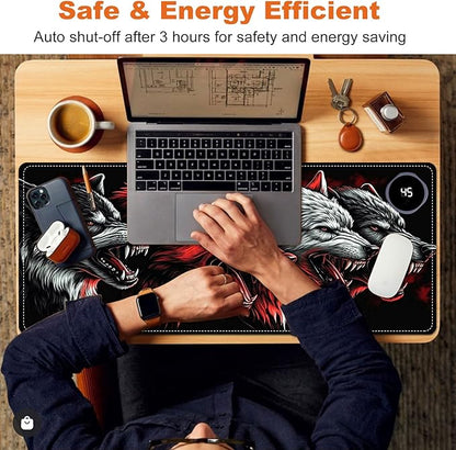 Heated Mouse Pad for Desk 31.5" x 13" – PU Leather Warm Desk Pad with 3 Heat Levels (104°F/113°F/122°F), Plug-in Electric Heating Mat with Auto Shut-Off, Waterproof & Rollable, Four Wolves