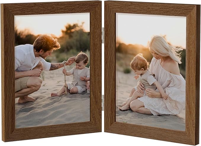 Axeman 6x8 Double Picture Frame - Solid Oak Wood Vertical Hinged 6x8 Photo Frame 2 Opening Folding Family Frames Collage With Real Glass for Tabletop Displa, Hanging Hardware Included | Walnut